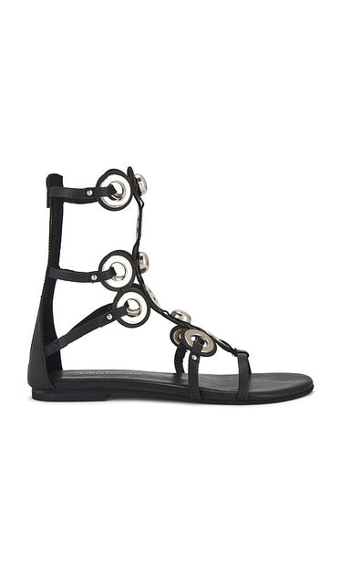Jeffrey Campbell Geared Gladiators in Black | Black Silver Flat Sandals for Women