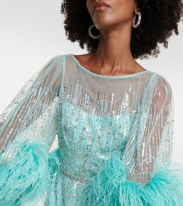 Jenny Packham Imani embellished faux-feather trimmed gown