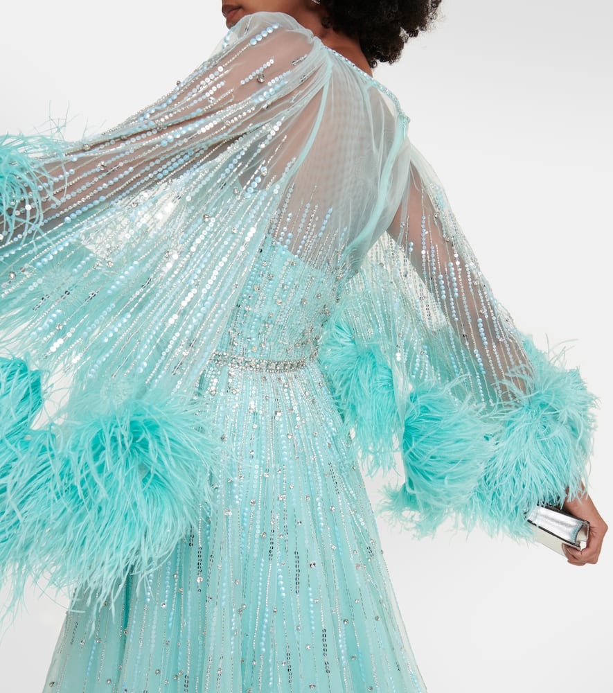 Jenny Packham Imani embellished faux-feather trimmed gown
