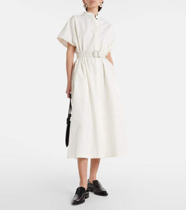 Jil Sander Belted leather-trimmed cotton midi dress