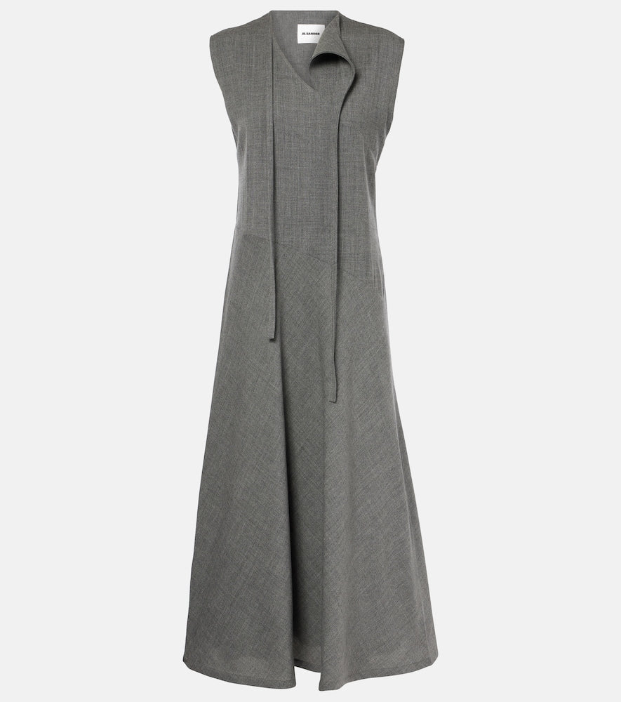 Jil Sander Tie-neck virgin wool canvas midi dress. Jil Sander 系领羊毛帆布中长连衣裙