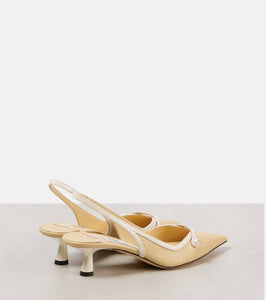 Jimmy Choo Amita 45 leather-trimmed raffia slingback pumps