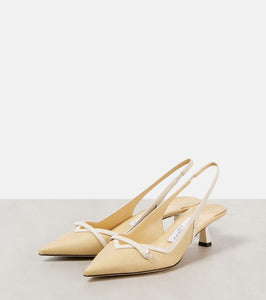 Jimmy Choo Amita 45 leather-trimmed raffia slingback pumps