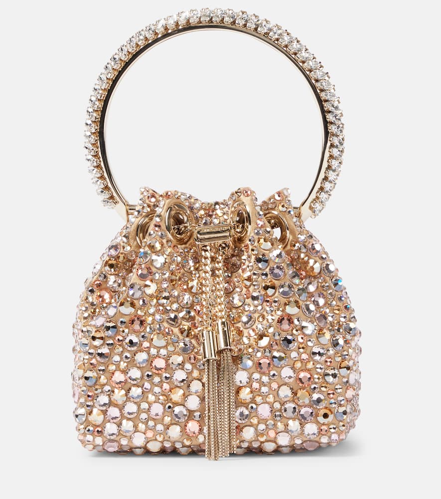 Jimmy Choo Bon Bon Micro embellished satin bucket bag. Shop Jimmy Choo Top-Handle Bags for women now.