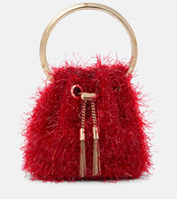 Jimmy Choo Bon Bon Mini tinsel-embellished bucket bag. Shop Jimmy Choo Top-Handle Bags for women now.