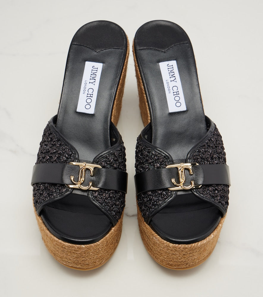 Jimmy Choo Leda leather-trimmed raffia wedge mules