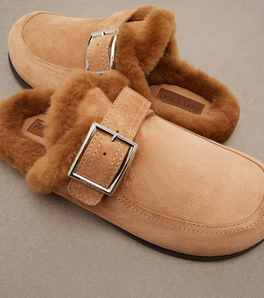 Brown Jimmy Choo Biker shearling-lined suede mules - Mules