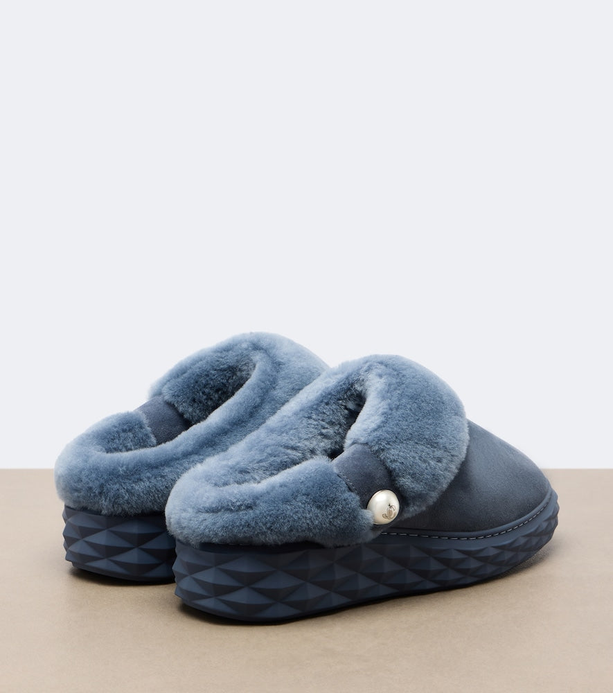 Blue Jimmy Choo Diamond shearling-lined suede platform mules - Mules