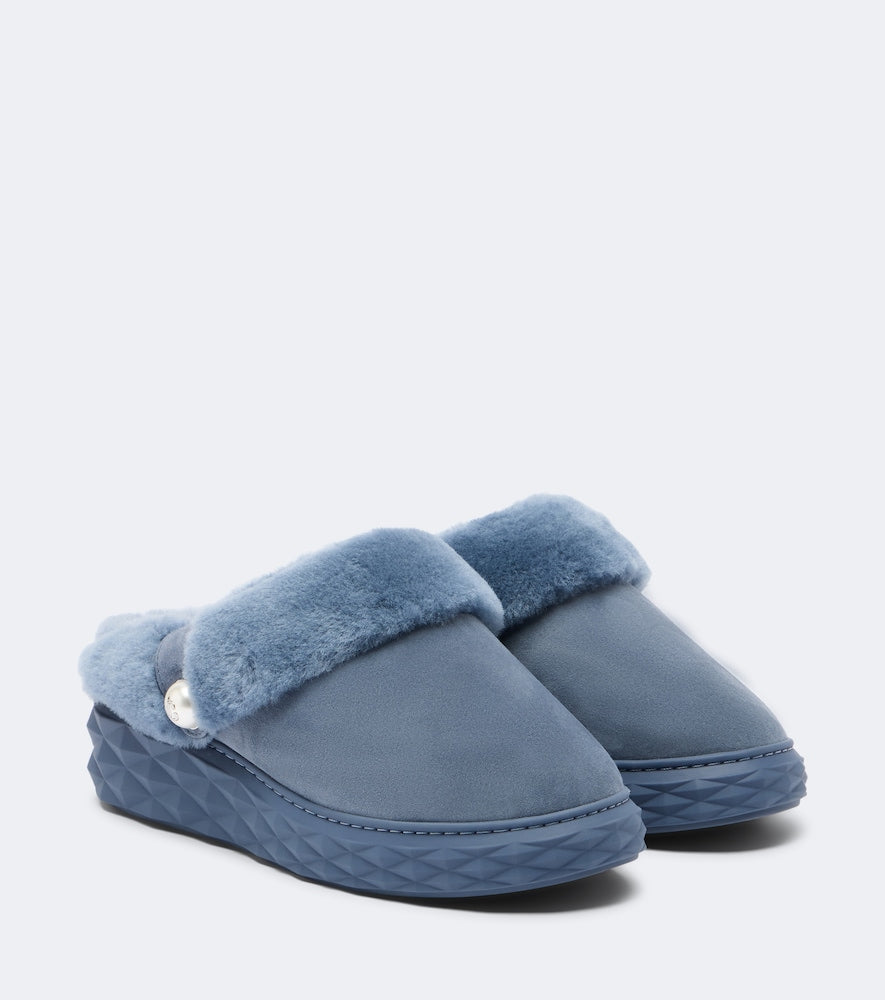 Blue Jimmy Choo Diamond shearling-lined suede platform mules - Mules