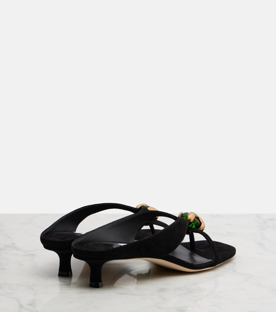 Jimmy Choo Emeri Stone suede thong sandals in Black - Mid Heel Sandals