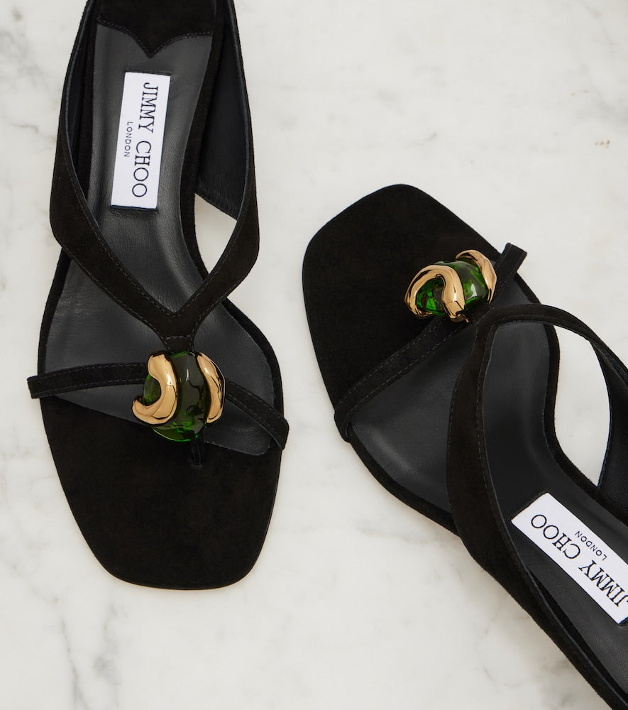 Jimmy Choo Emeri Stone suede thong sandals in Black - Mid Heel Sandals