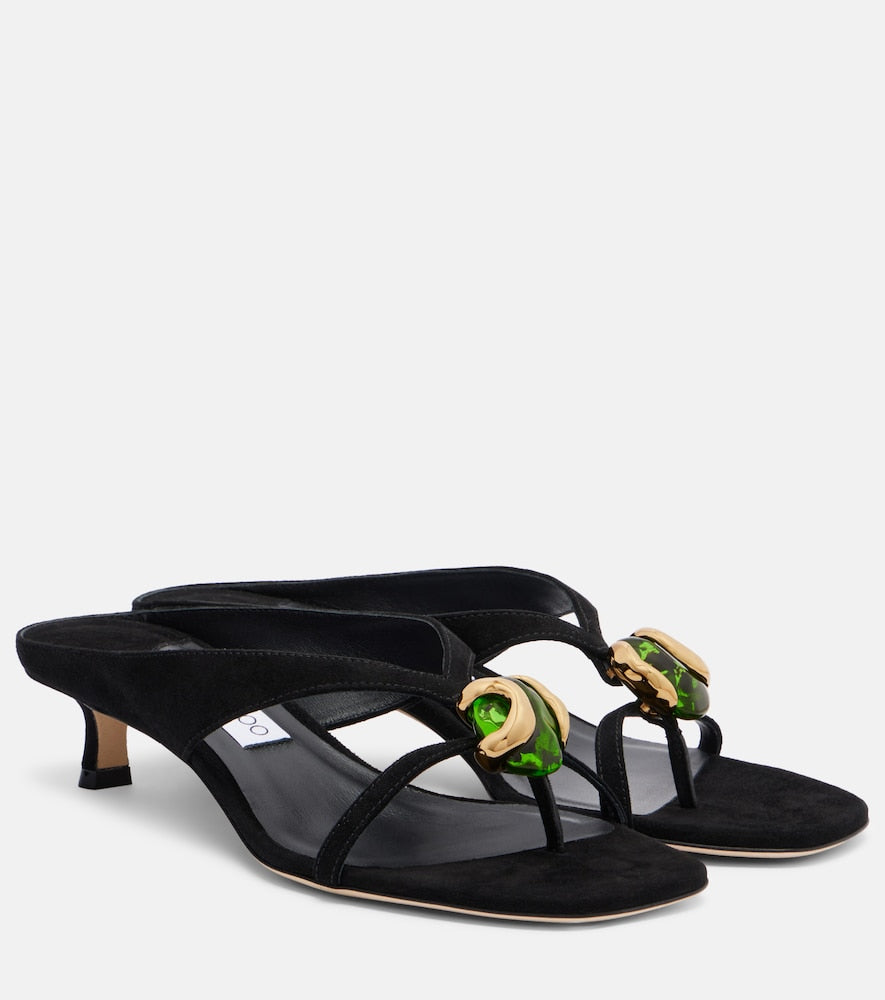 Jimmy Choo Emeri Stone suede thong sandals in Black - Mid Heel Sandals