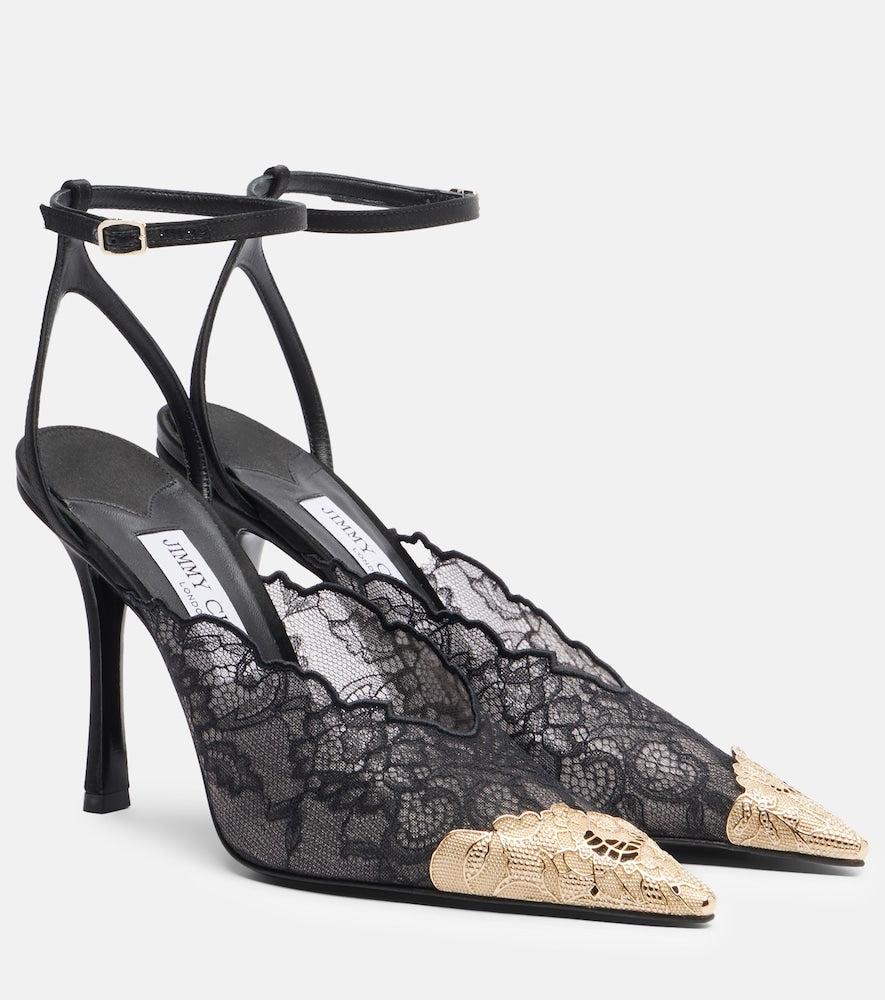 Jimmy Choo Faiz 100 leather-trimmed lace pumps (Black) - High-Heel Pumps