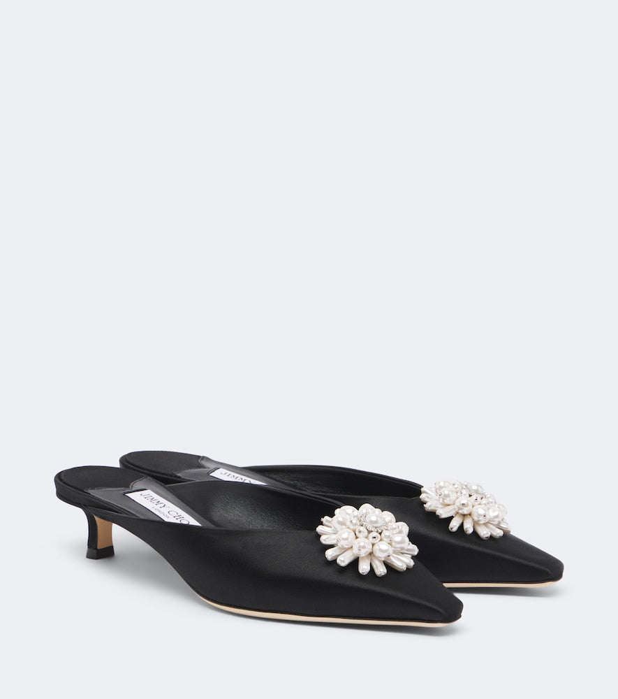 Jimmy Choo Ines embellished satin mules - Black Mid Heel Pumps