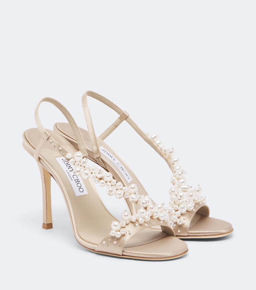 Jimmy Choo Irina embellished satin slingback sandals - Beige High-Heel Sandals