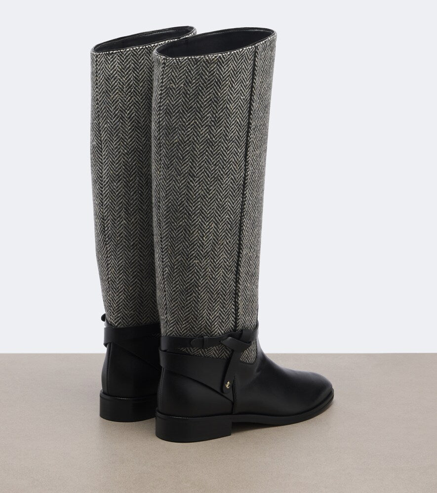 Jimmy Choo Lawton herringbone and leather knee-high boots - Black Flat Boots