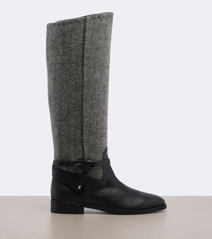 Jimmy Choo Lawton herringbone and leather knee-high boots - Black Flat Boots