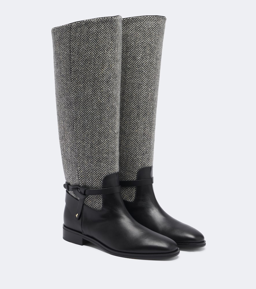 Jimmy Choo Lawton herringbone and leather knee-high boots - Black Flat Boots