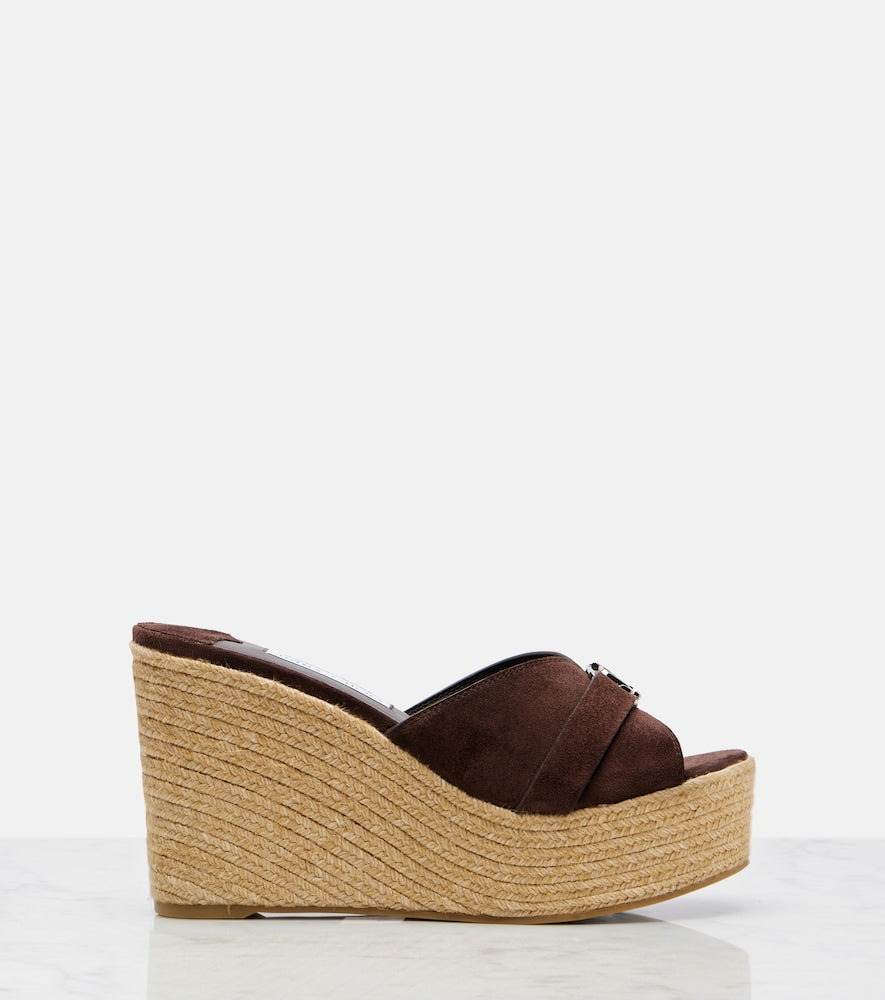 Brown Jimmy Choo Leda 100 suede espadrille wedges - High Espadrilles