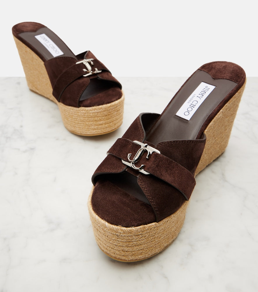 Brown Jimmy Choo Leda 100 suede espadrille wedges - High Espadrilles