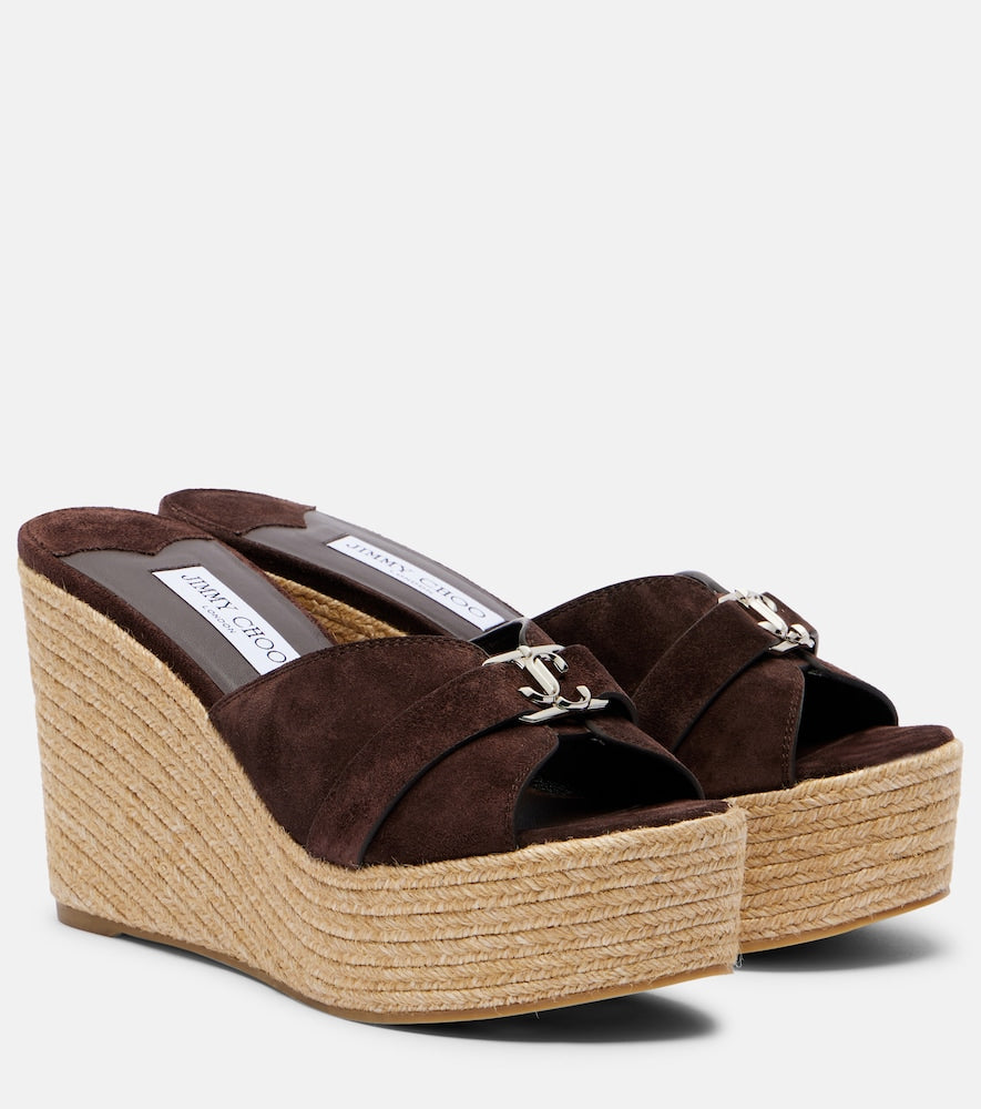 Brown Jimmy Choo Leda 100 suede espadrille wedges - High Espadrilles
