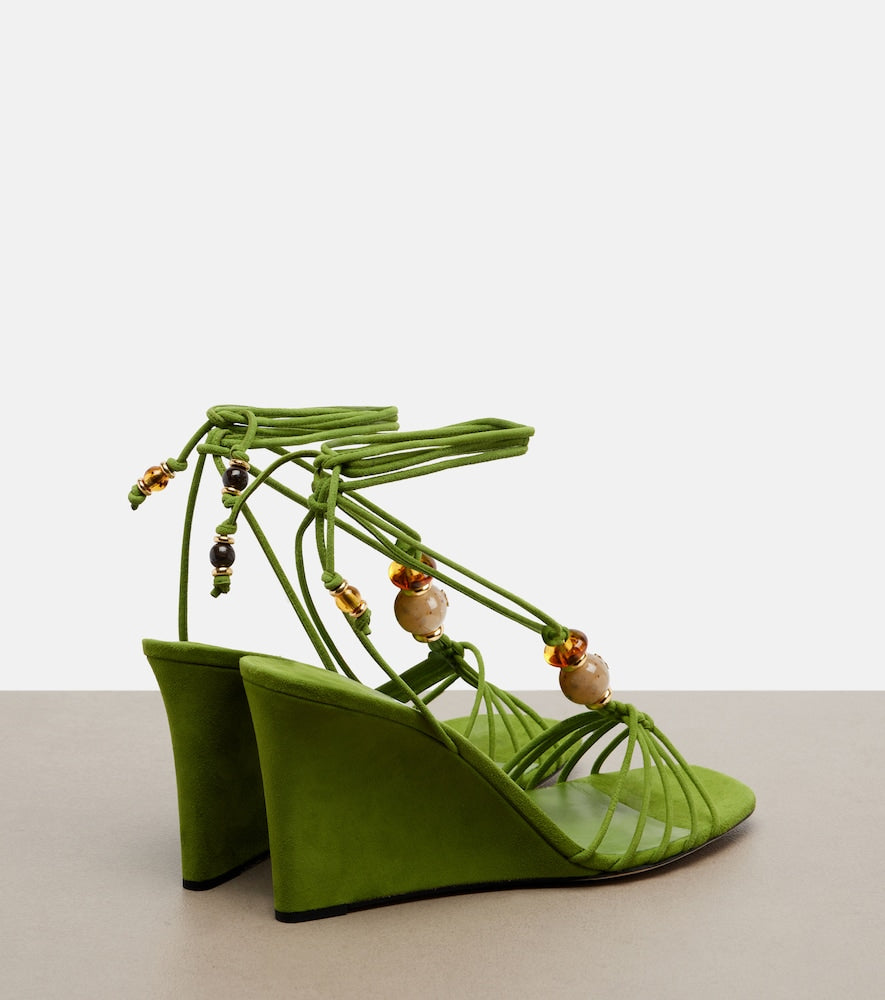 Jimmy Choo Lola embellished suede wedge sandals - Green Heeled Sandals