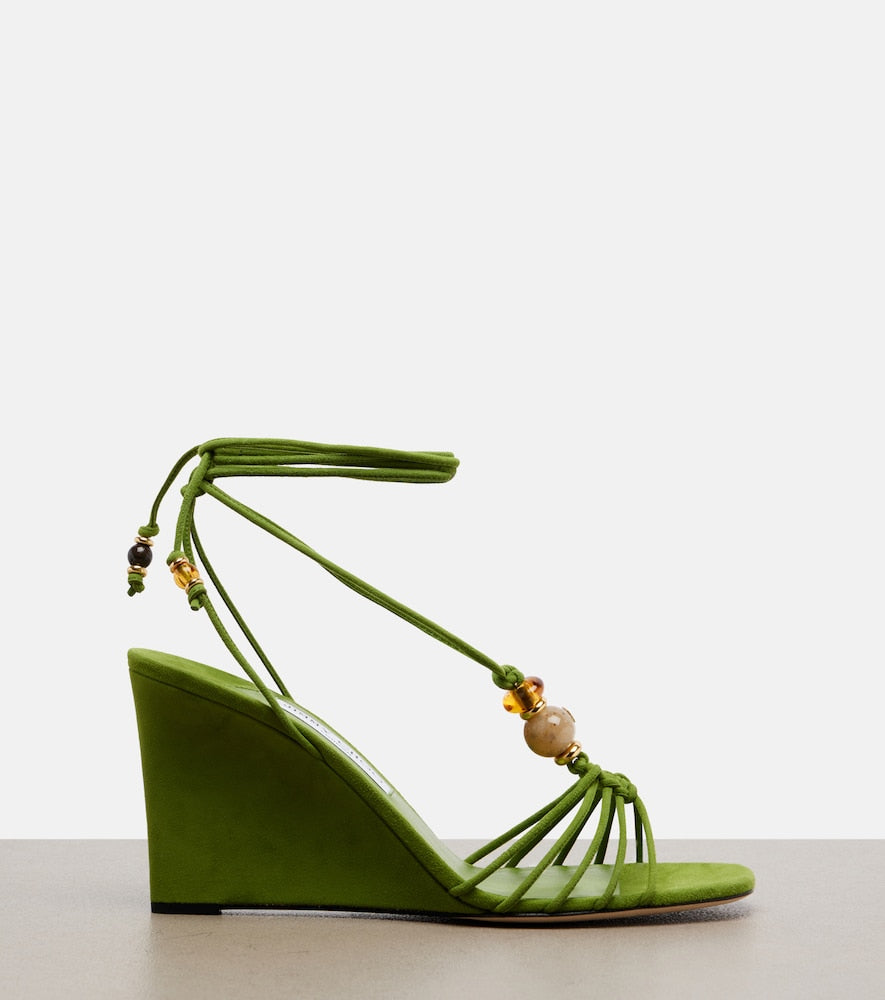 Jimmy Choo Lola embellished suede wedge sandals - Green Heeled Sandals