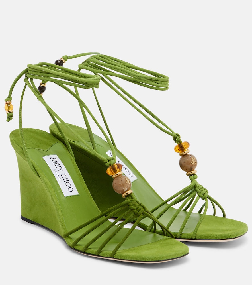 Jimmy Choo Lola embellished suede wedge sandals - Green Heeled Sandals