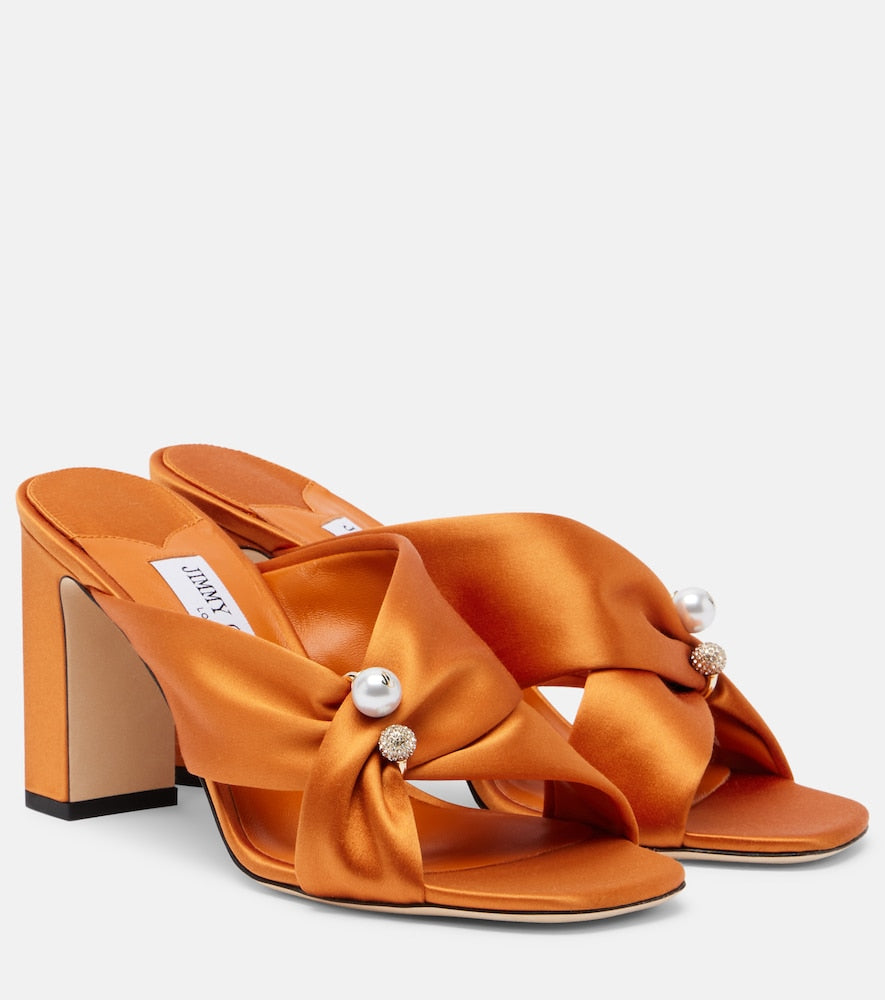 Orange Jimmy Choo Rafi embellished satin mules - Mid Heel Sandals