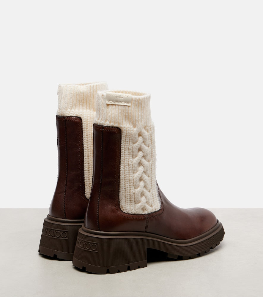 Jimmy Choo Tamia cable-knit leather ankle boots - Brown Mid Heel Boots