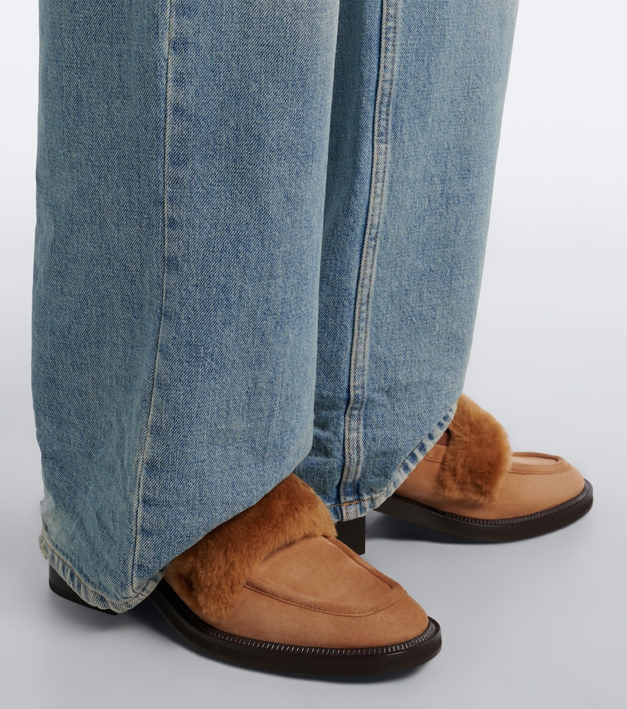Brown Jimmy Choo Tylor shearling-trimmed suede loafer pumps - Mid Heel Pumps