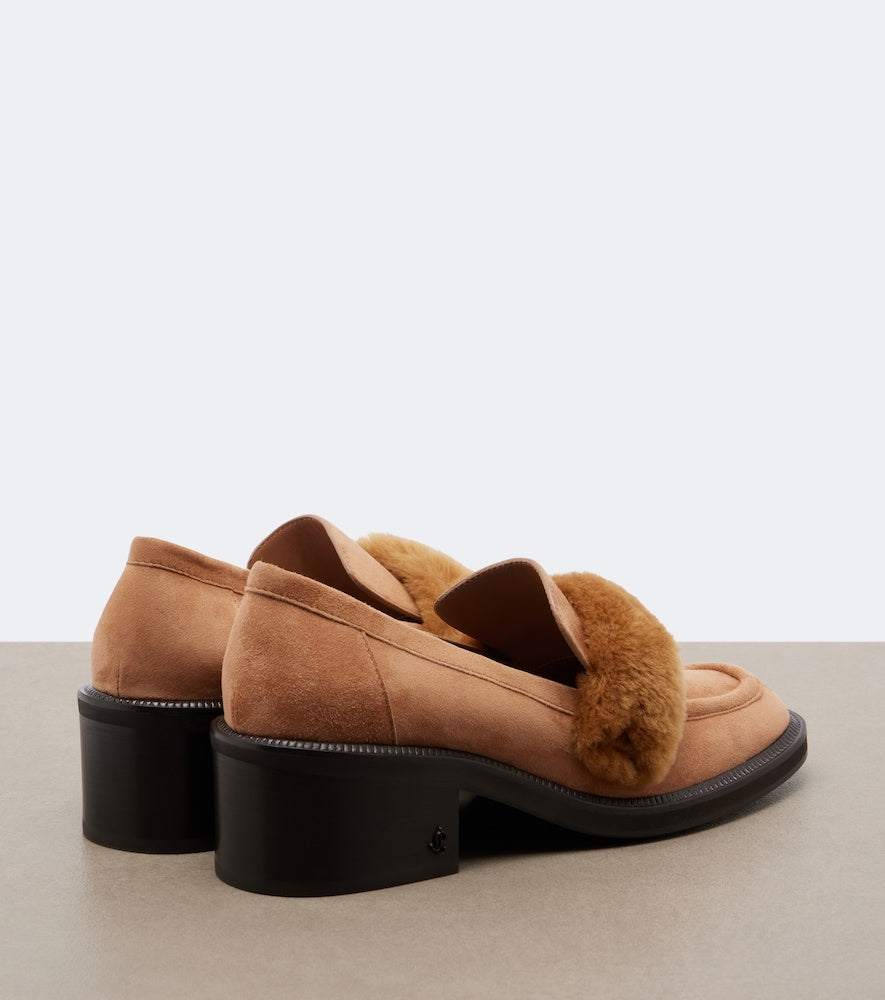 Brown Jimmy Choo Tylor shearling-trimmed suede loafer pumps - Mid Heel Pumps