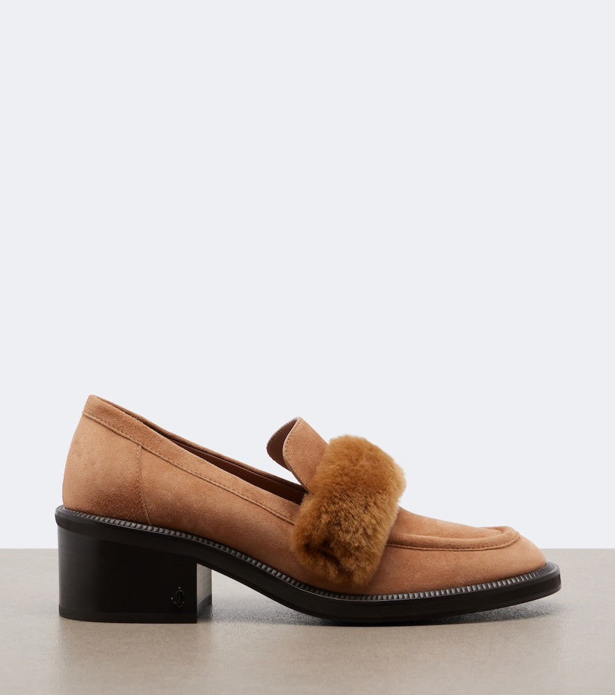 Brown Jimmy Choo Tylor shearling-trimmed suede loafer pumps - Mid Heel Pumps