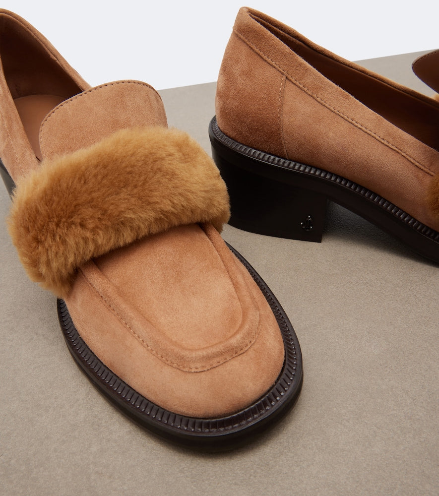 Brown Jimmy Choo Tylor shearling-trimmed suede loafer pumps - Mid Heel Pumps