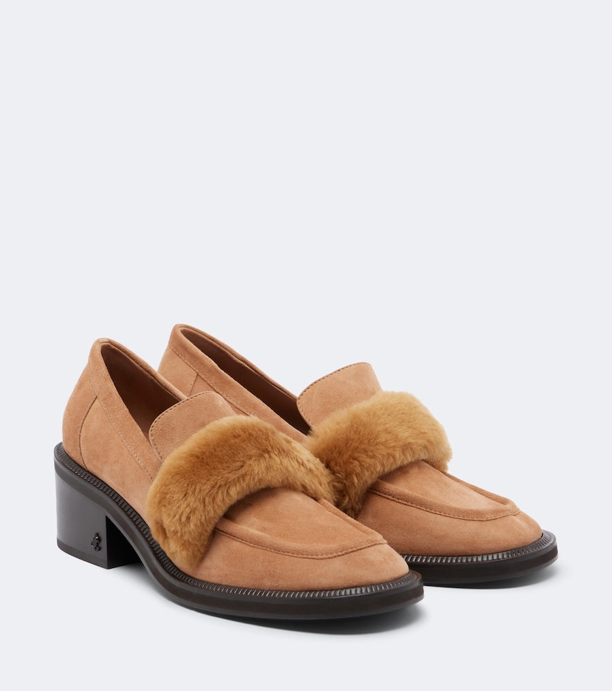 Brown Jimmy Choo Tylor shearling-trimmed suede loafer pumps - Mid Heel Pumps
