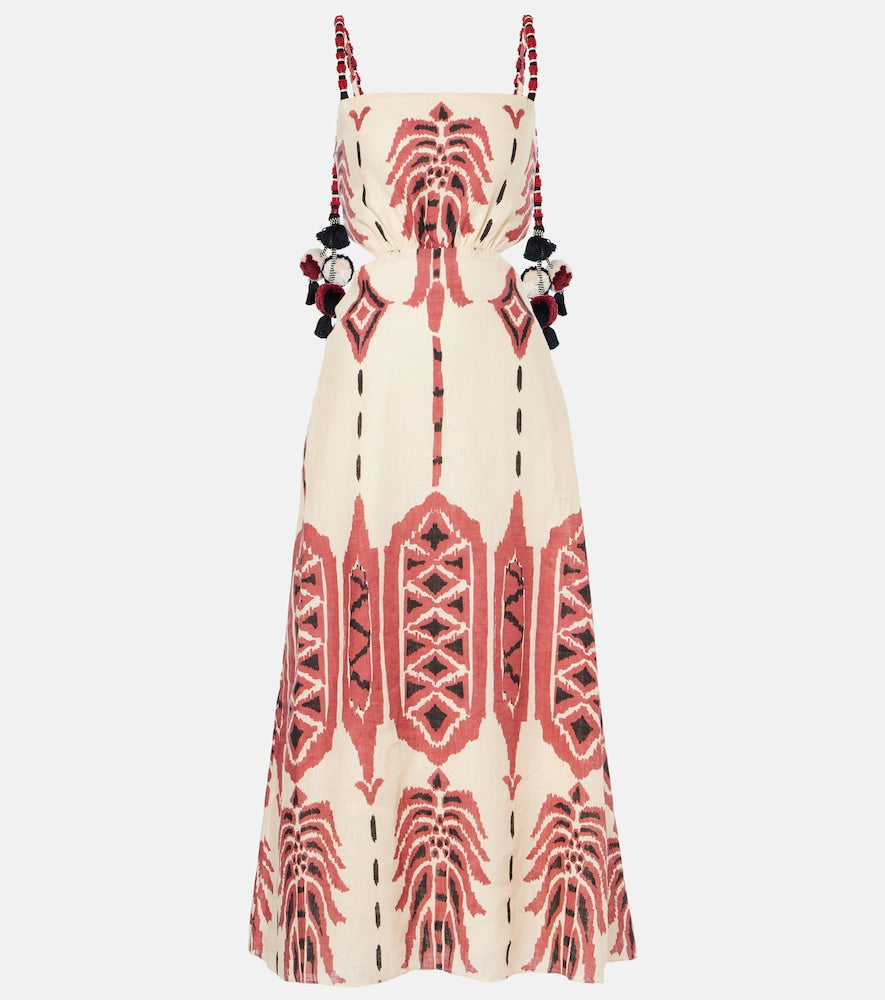 Johanna Ortiz Embroidered printed linen midi dress. Johanna Ortiz 刺绣印花亚麻中长连衣裙