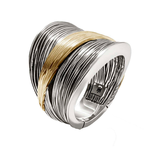 John Hardy Bamboo Striated Two-Tone Yellow Gold and Sterling Silver Band Ring | 19.5mm | Size 7