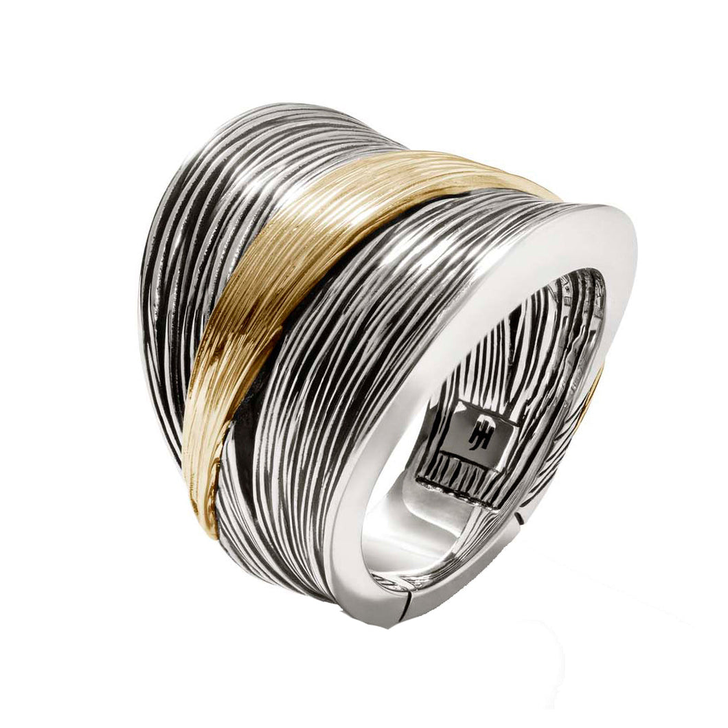 John Hardy Bamboo Striated Two-Tone Yellow Gold and Sterling Silver Band Ring | 19.5mm | Size 7