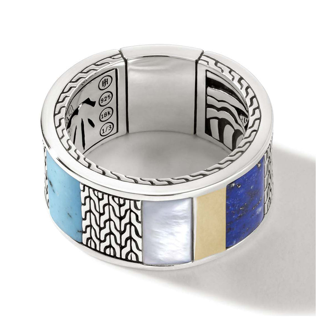 John Hardy Carved Chain Turquoise Inlay Sterling Silver Band Ring | 11.5mm | Size 10