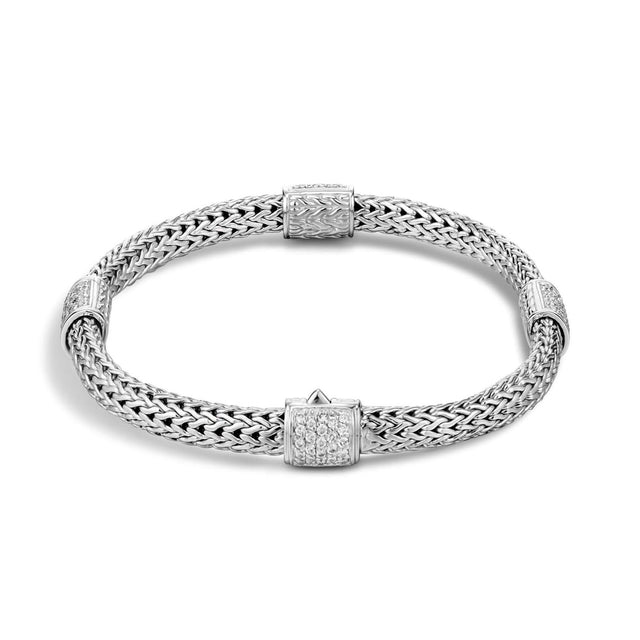 John Hardy Classic Chain 5mm Diamond Station Bracelet 3/4ctw, Medium
