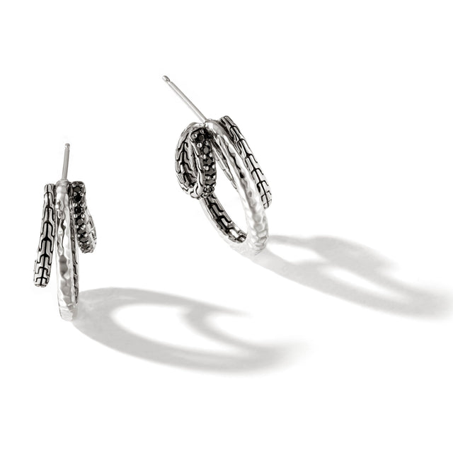 John Hardy Classic Chain Palu J Hoop Earrings in Sterling Silver with Treated Black Sapphire and Black Spinel