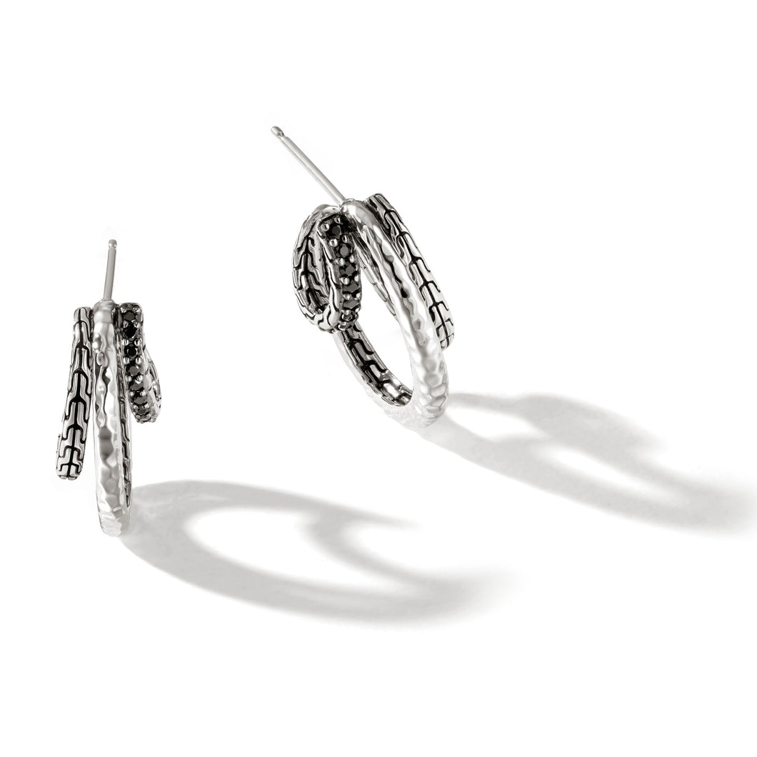 John Hardy Classic Chain Palu J Hoop Earrings in Sterling Silver with Treated Black Sapphire and Black Spinel