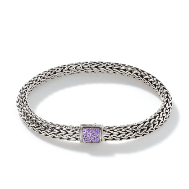 John Hardy Classic Chain Silver Reversible Bracelet with Treated Black Sapphire and Amethyst | 6.75 Inches