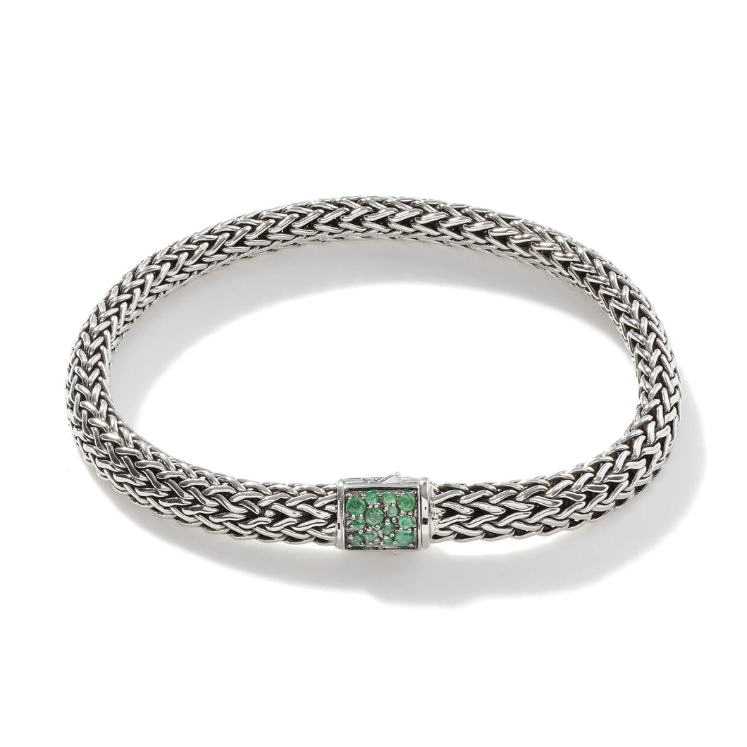 John Hardy Classic Chain Silver Reversible Bracelet with Treated Black Sapphire and Emerald | 6.75 Inches