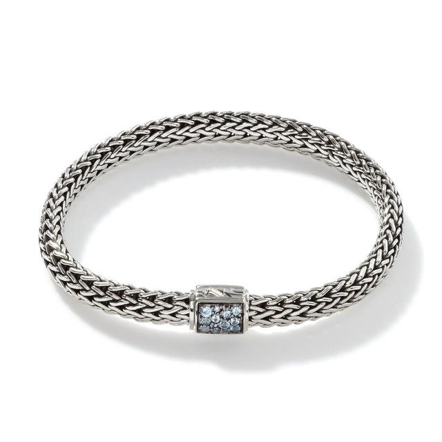 John Hardy Classic Chain Silver Reversible Bracelet with Treated Black Sapphire and Treated Swiss Blue Topaz | 6.75 Inches