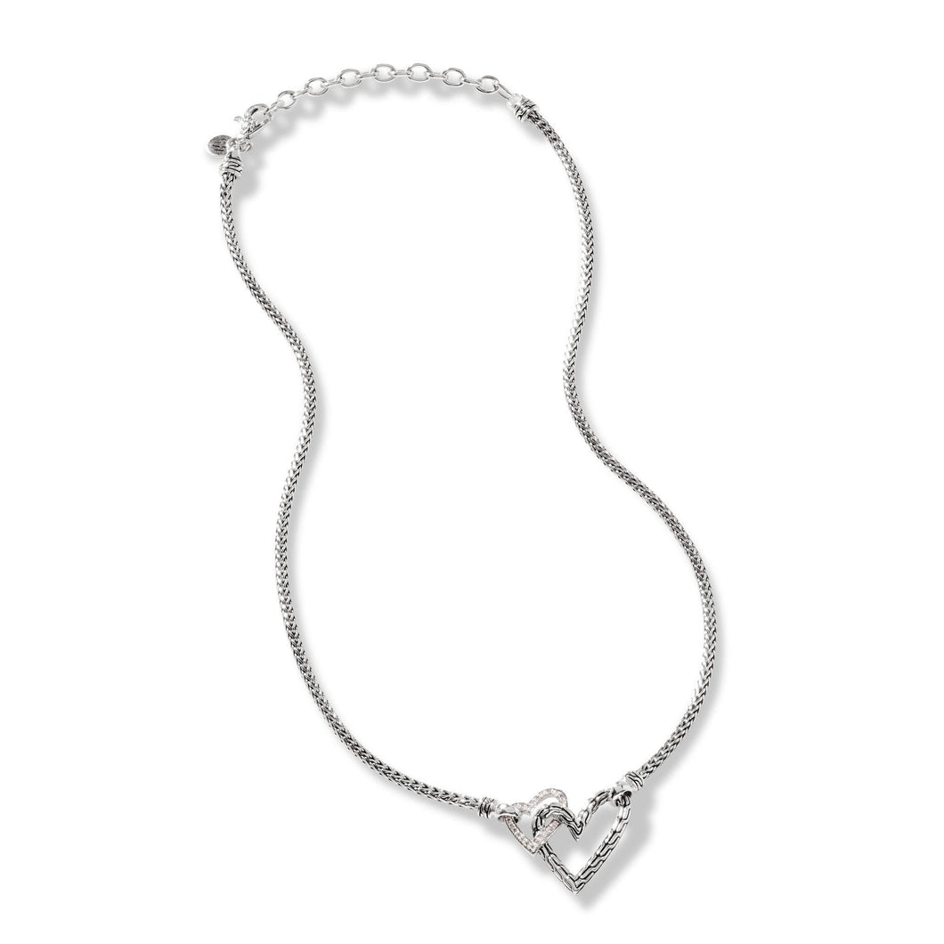 John Hardy Manah Diamond Pave Interlocking Heart Sterling Silver Necklace