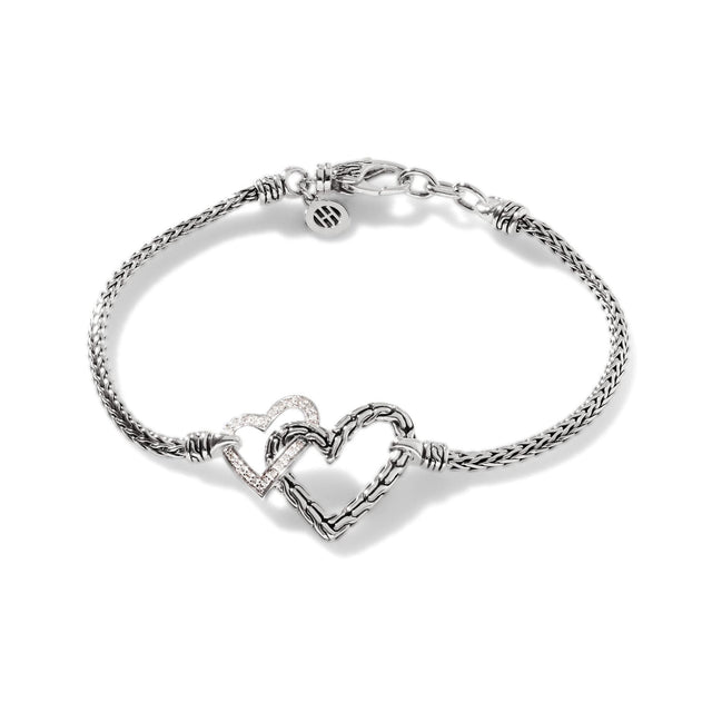 John Hardy Manah Pave Diamond Interlocking Heart Sterling Silver Station Bracelet | Medium