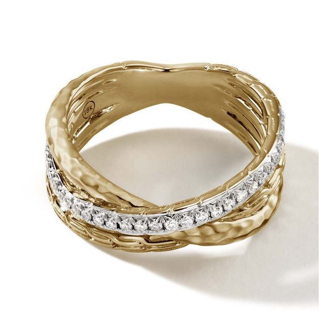 John Hardy Palu 1/5ctw Diamond Crossover Yellow Gold Ring | 9mm | Size 7