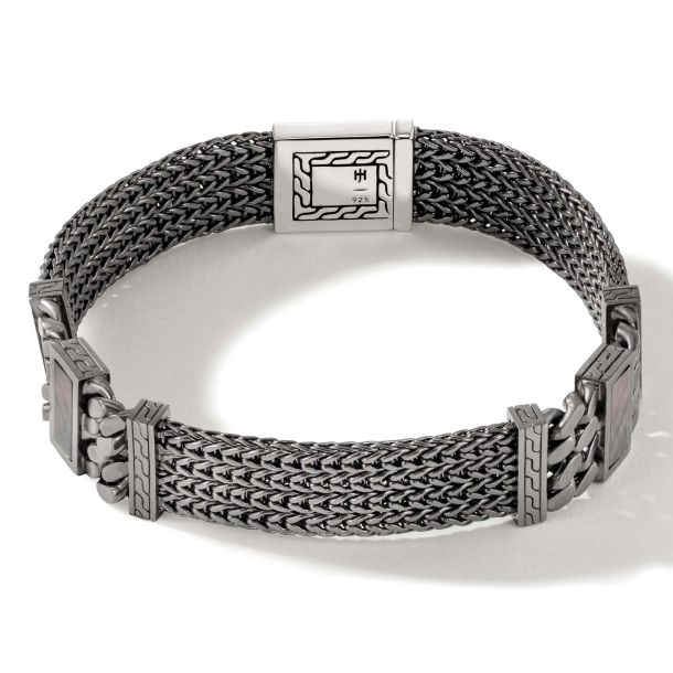 John Hardy Rata Chain Black Mother of Pearl Inlay Sterling Silver and Satin Matte Black Rhodium Bracelet