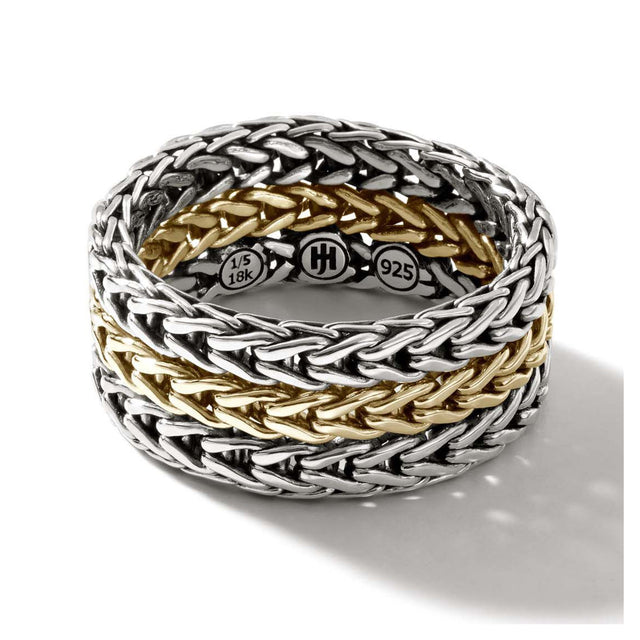 John Hardy Rata Chain Two-Tone Sterling Silver and Yellow Gold Band Ring | 9mm | Size 7